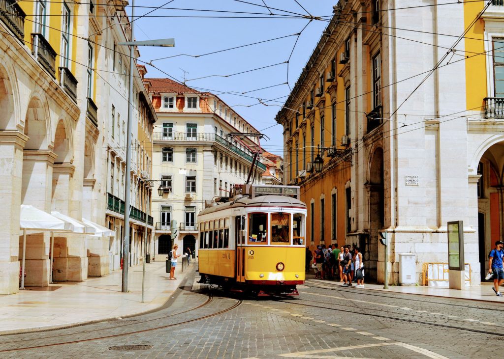 Historic yellow tram in Lisbon