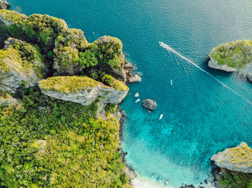 Phi Phi islands drone shot of blue water and lush greenery